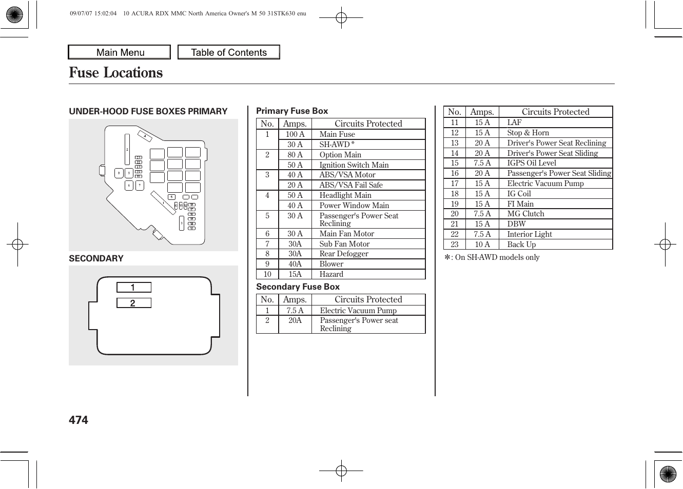 Fuse locations, 2010 rdx | Acura 2010 RDX User Manual | Page 478 / 514