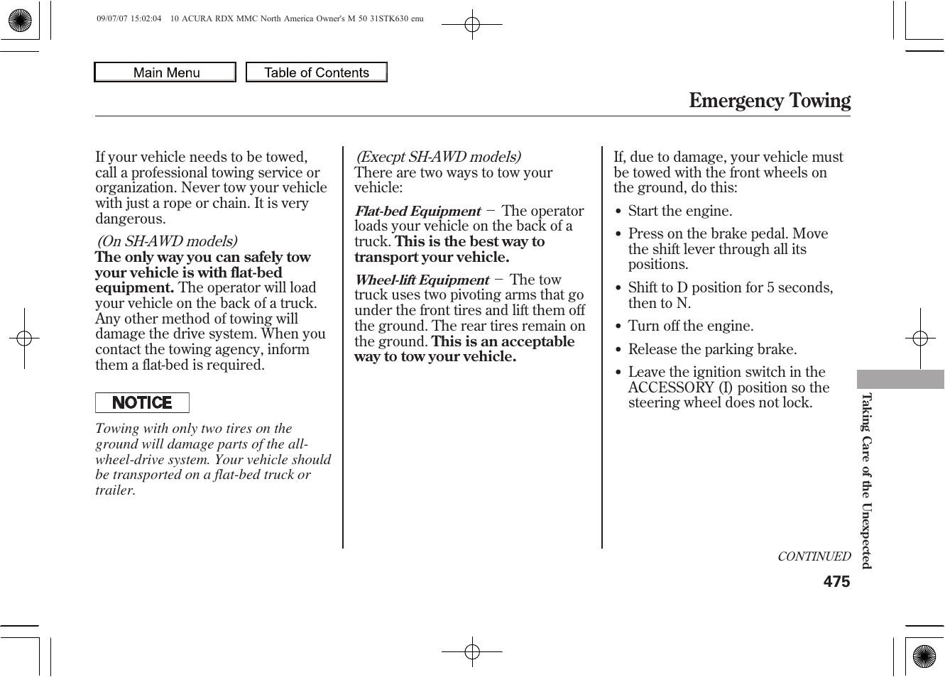 Emergency towing, 2010 rdx | Acura 2010 RDX User Manual | Page 479 / 514