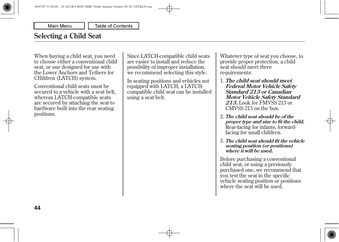 Selecting a child seat, 2010 rdx | Acura 2010 RDX User Manual | Page 48 / 514