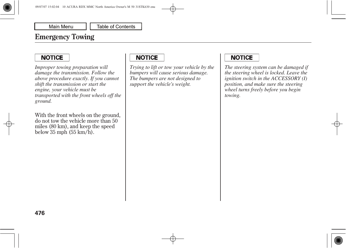 Emergency towing | Acura 2010 RDX User Manual | Page 480 / 514