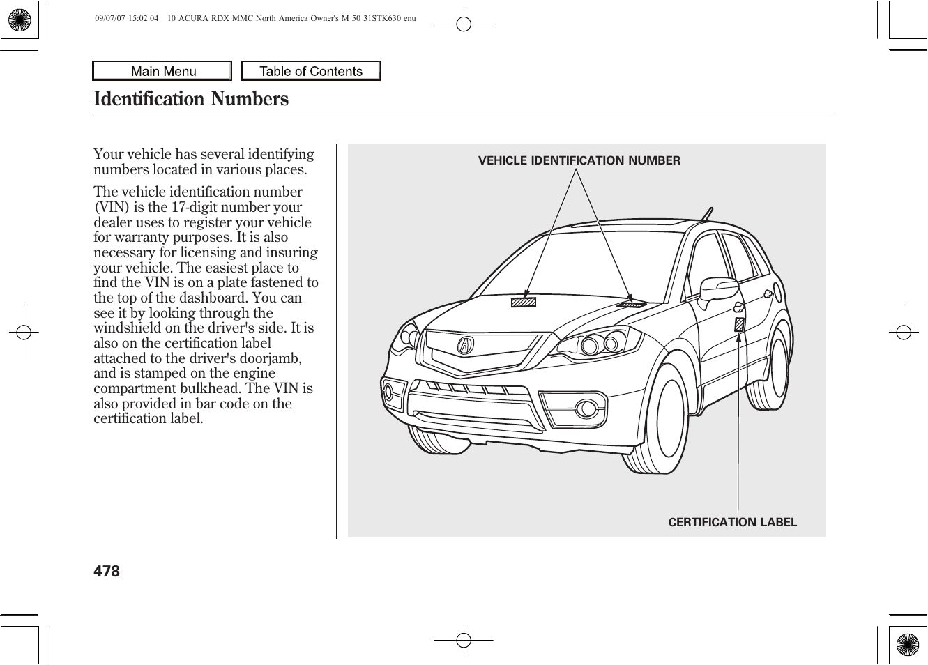 Identification numbers, 2010 rdx | Acura 2010 RDX User Manual | Page 482 / 514