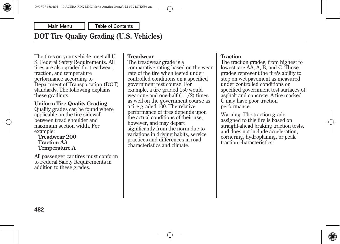 Dot tire quality grading (u.s. vehicles), 2010 rdx | Acura 2010 RDX User Manual | Page 486 / 514