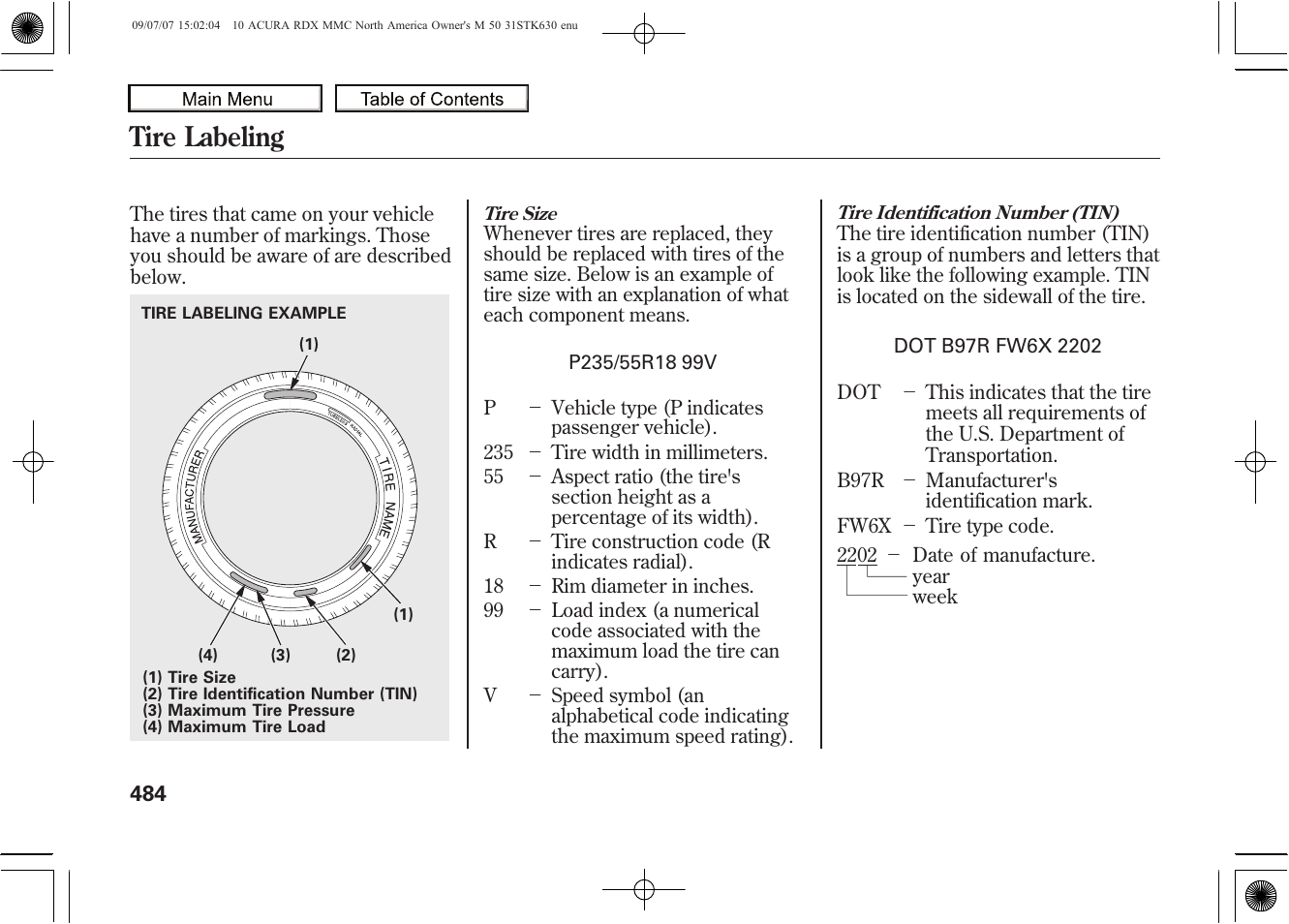 Tire labeling, 2010 rdx | Acura 2010 RDX User Manual | Page 488 / 514