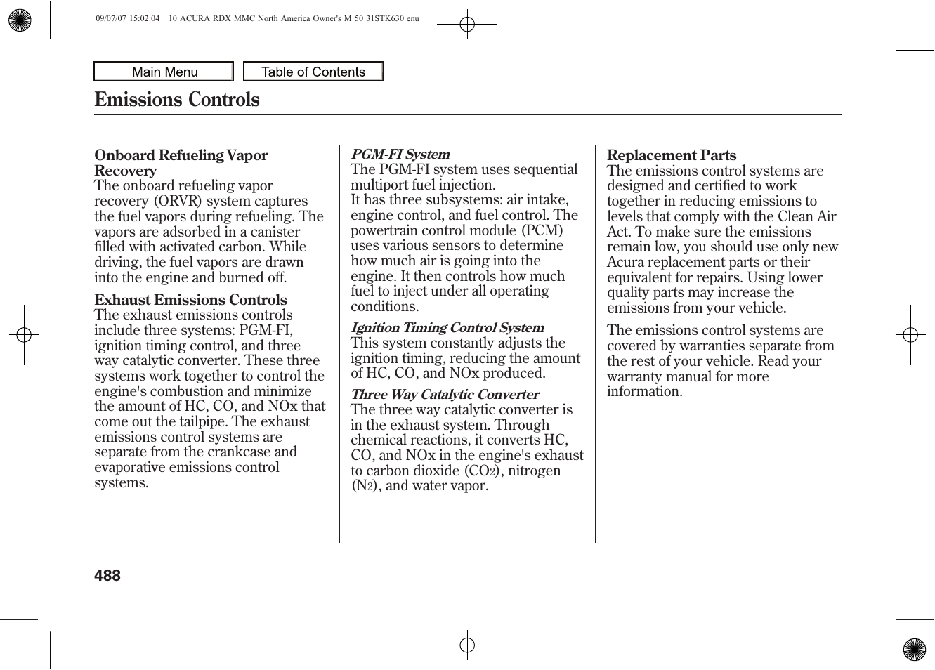 Emissions controls, 2010 rdx | Acura 2010 RDX User Manual | Page 492 / 514