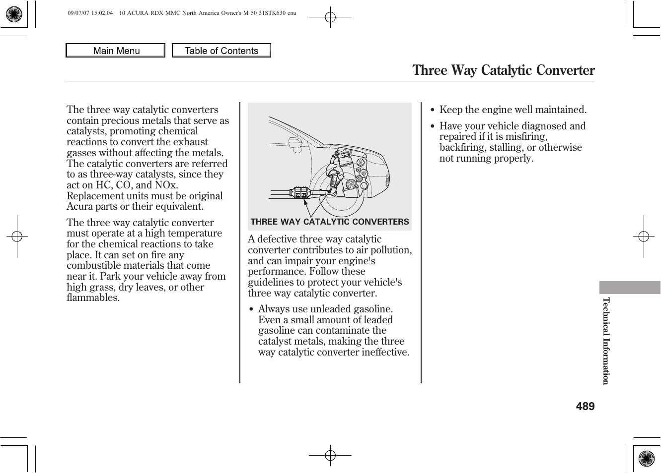 Three way catalytic converter, 2010 rdx | Acura 2010 RDX User Manual | Page 493 / 514