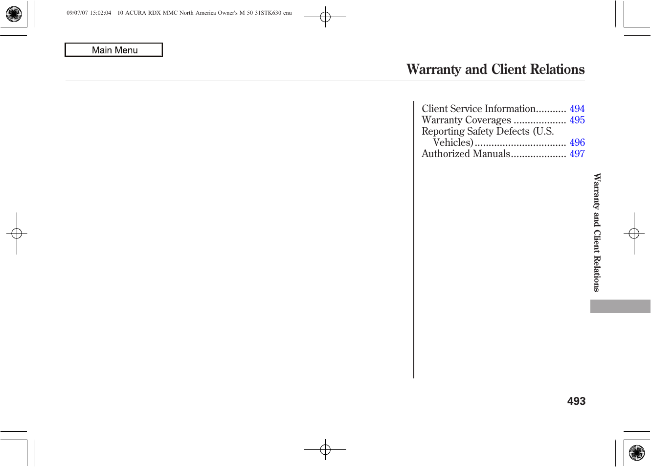 Warranty and client relations, 2010 rdx | Acura 2010 RDX User Manual | Page 497 / 514