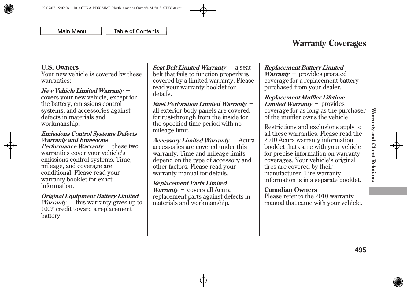 Warranty coverages, 2010 rdx | Acura 2010 RDX User Manual | Page 499 / 514