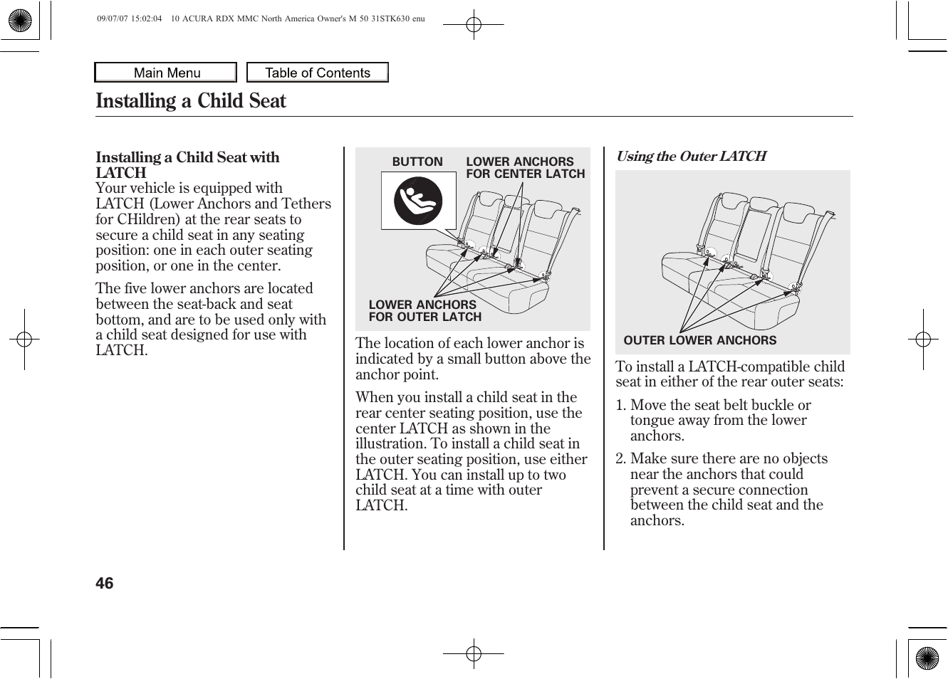 Installing a child seat, 2010 rdx | Acura 2010 RDX User Manual | Page 50 / 514