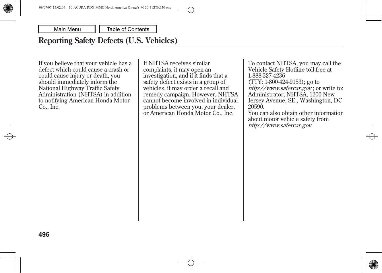 Reporting safety defects (u.s. vehicles) | Acura 2010 RDX User Manual | Page 500 / 514
