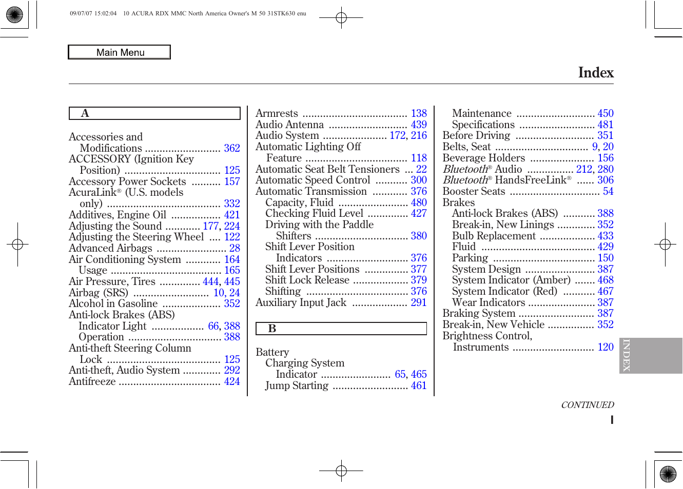 Index, 2010 rdx | Acura 2010 RDX User Manual | Page 502 / 514