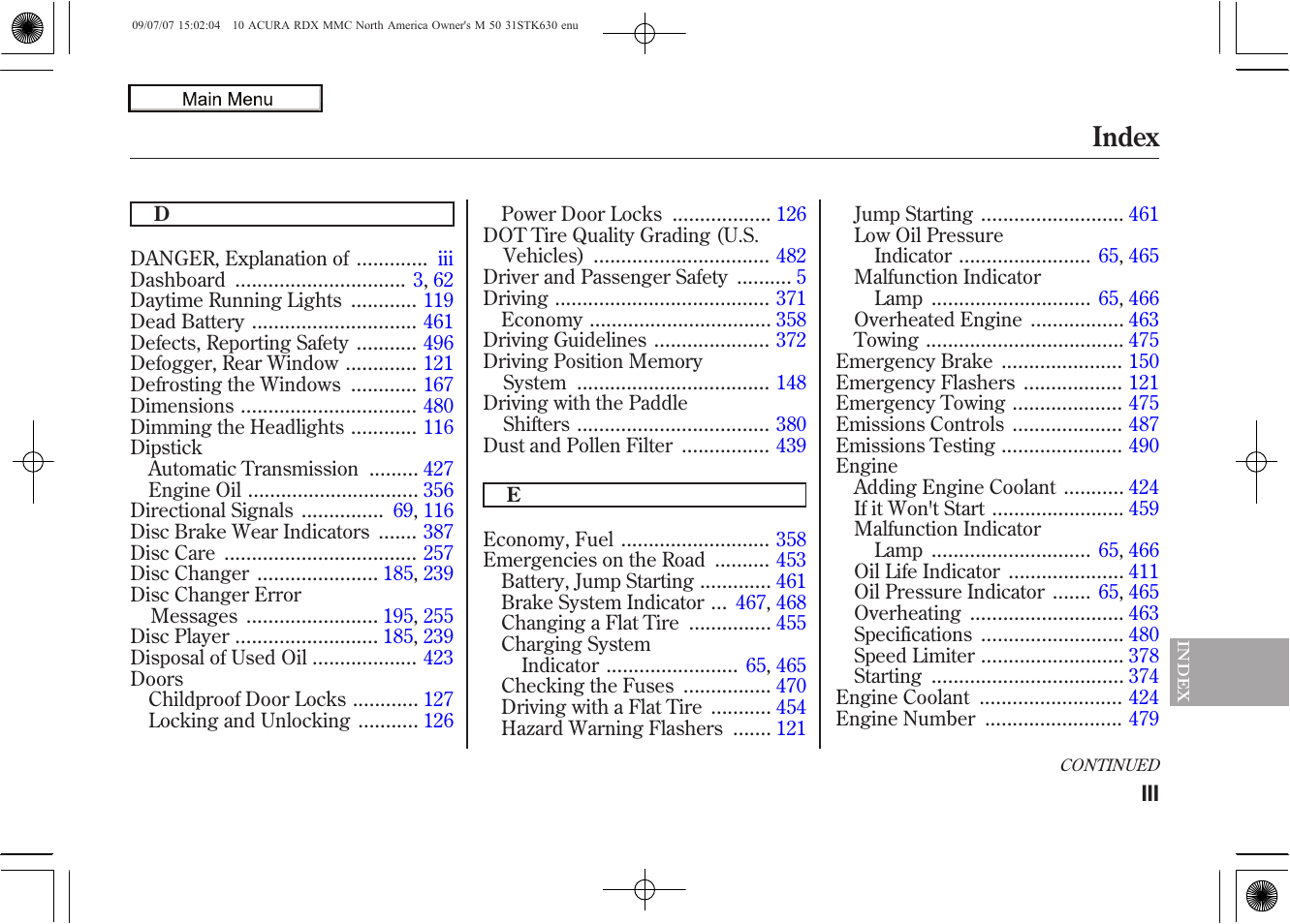 Index | Acura 2010 RDX User Manual | Page 504 / 514