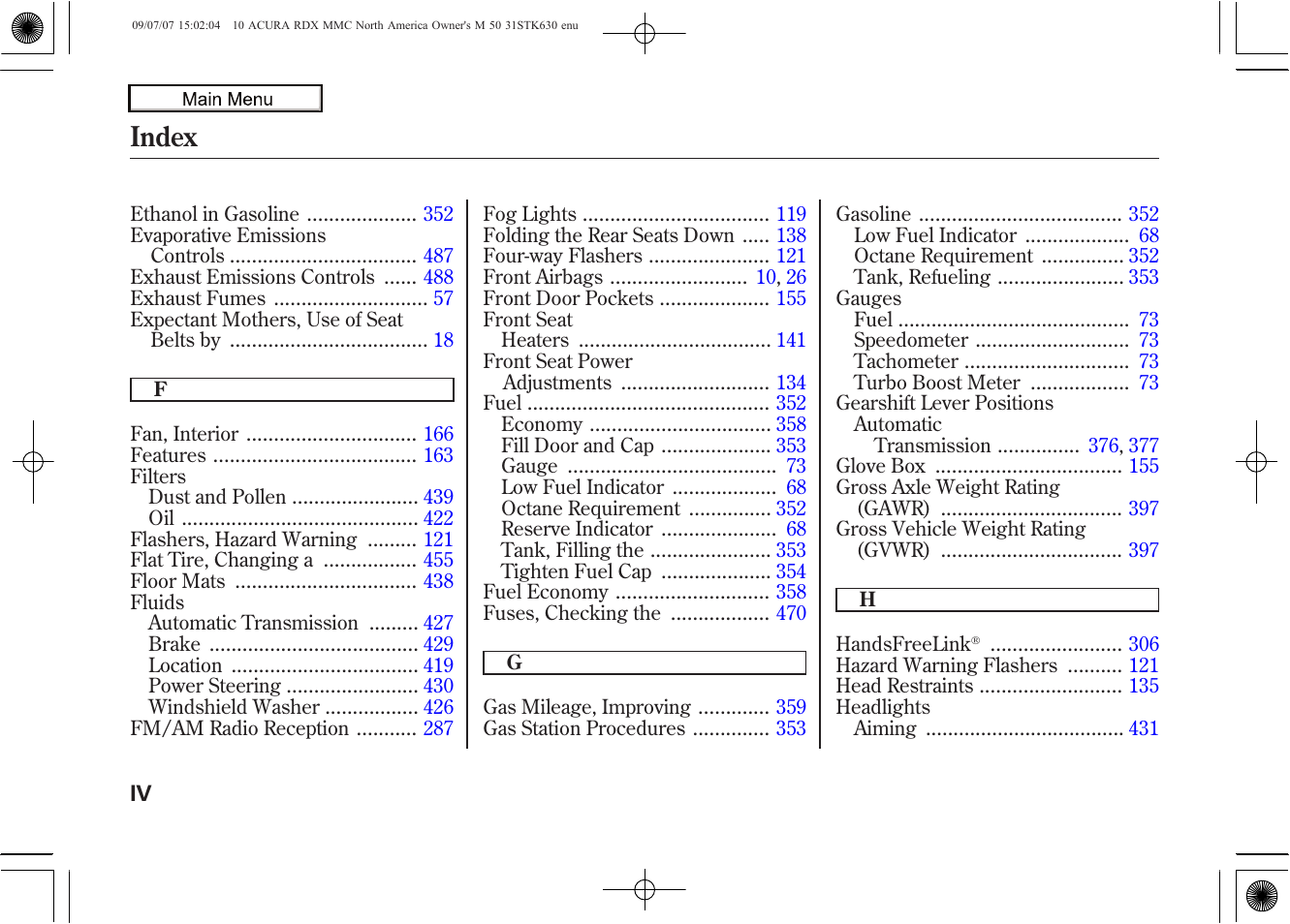 Index | Acura 2010 RDX User Manual | Page 505 / 514