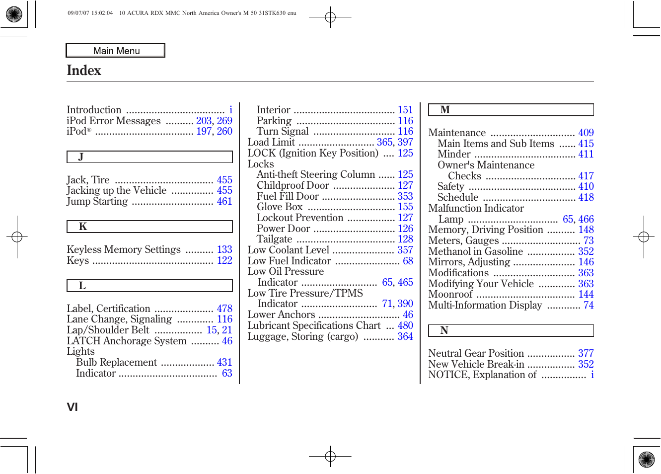 Index | Acura 2010 RDX User Manual | Page 507 / 514