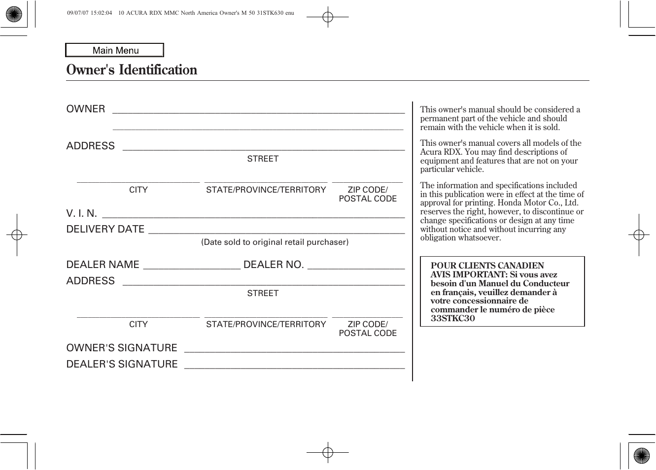 Owner's identification, Owner's identification form, 2010 rdx | Acura 2010 RDX User Manual | Page 514 / 514