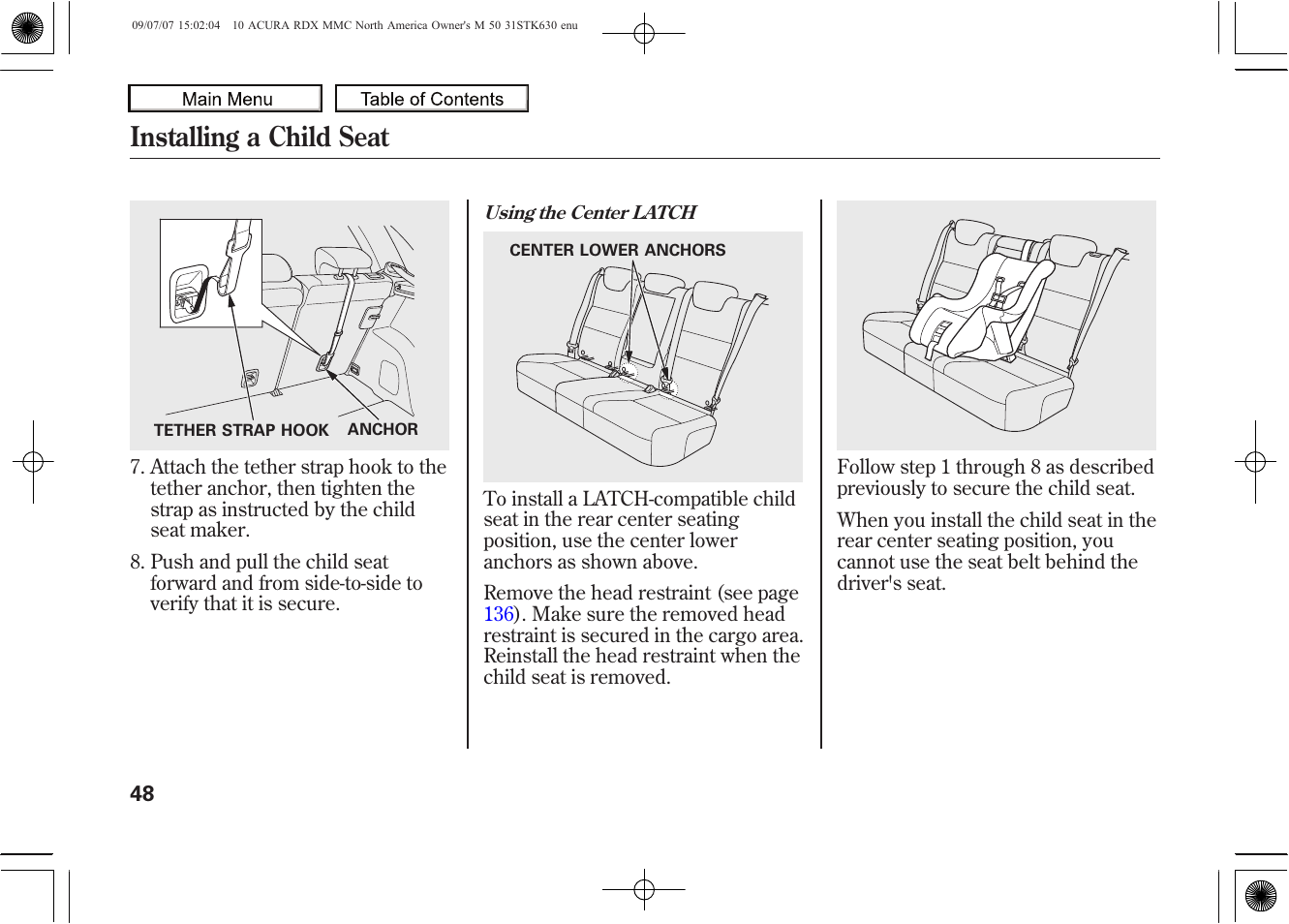 Installing a child seat, 2010 rdx | Acura 2010 RDX User Manual | Page 52 / 514