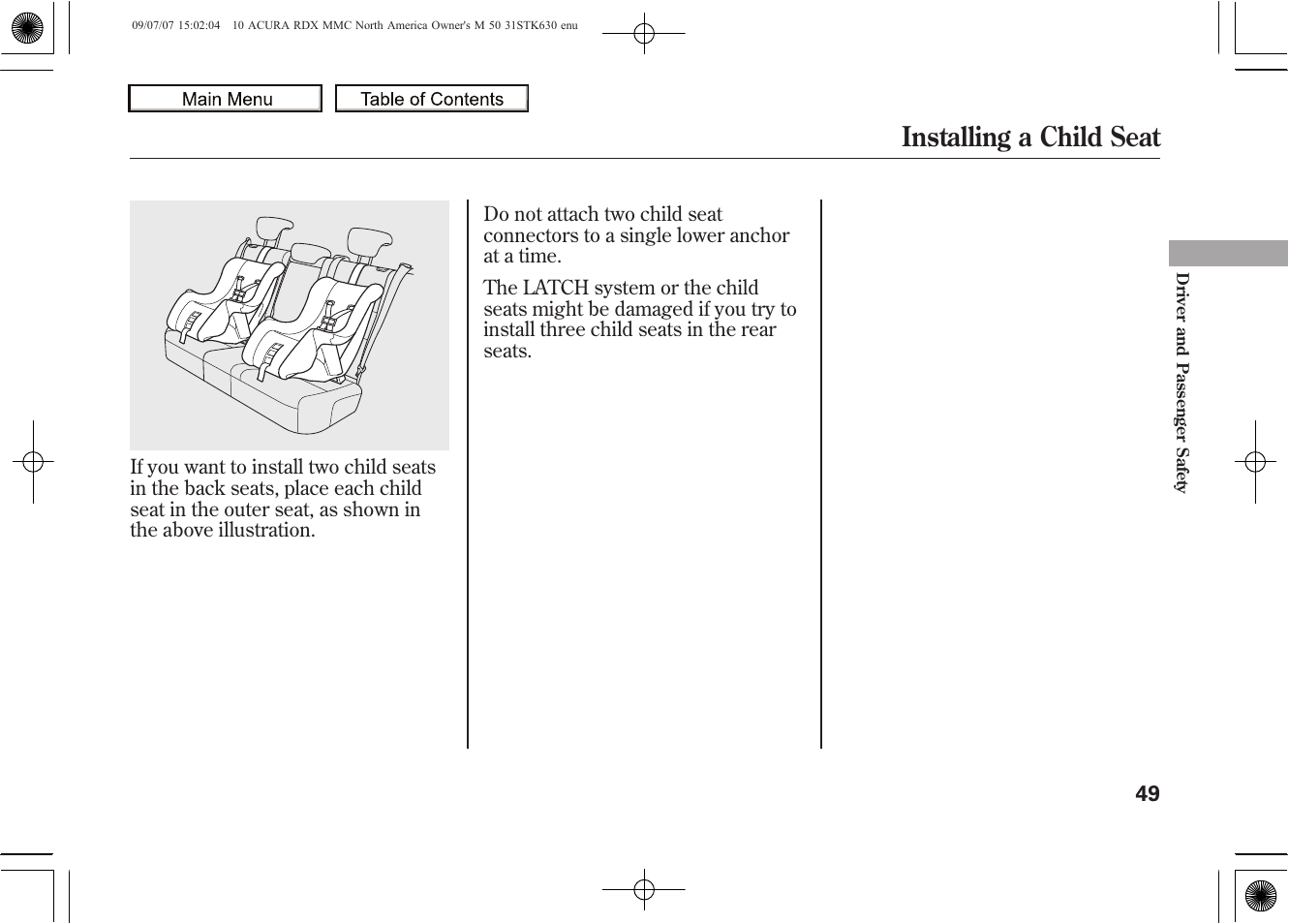 Installing a child seat, 2010 rdx | Acura 2010 RDX User Manual | Page 53 / 514
