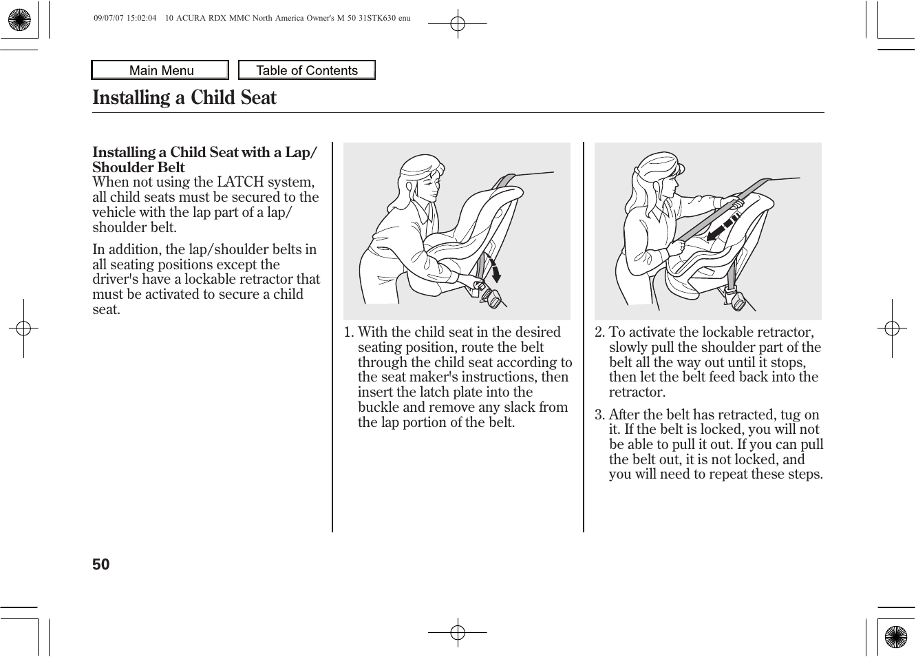 Installing a child seat, 2010 rdx | Acura 2010 RDX User Manual | Page 54 / 514