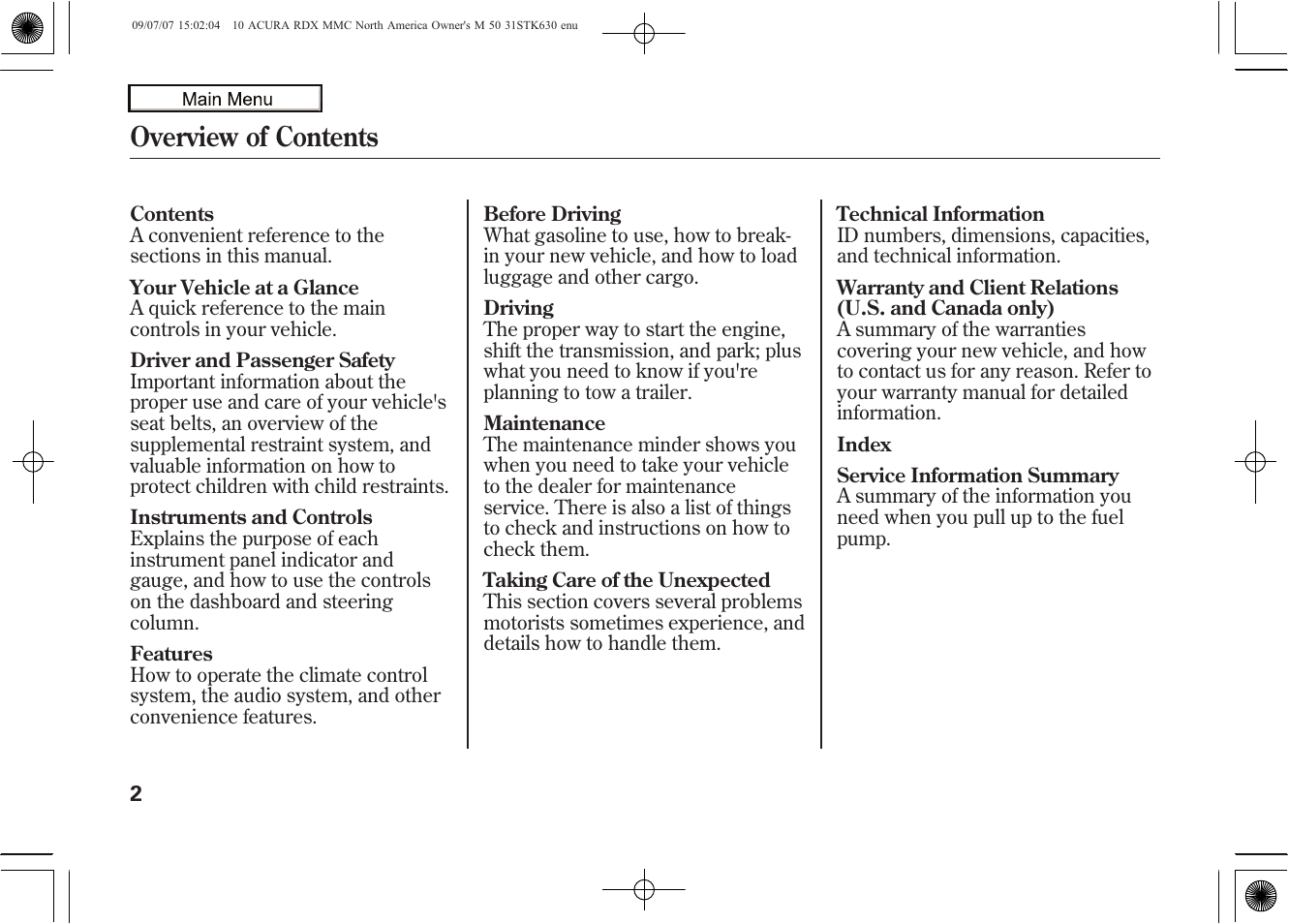 Overview of contents, 2010 rdx | Acura 2010 RDX User Manual | Page 6 / 514