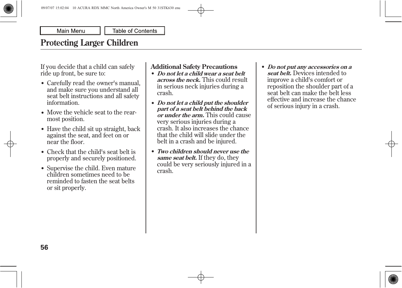 Protecting larger children, 2010 rdx | Acura 2010 RDX User Manual | Page 60 / 514