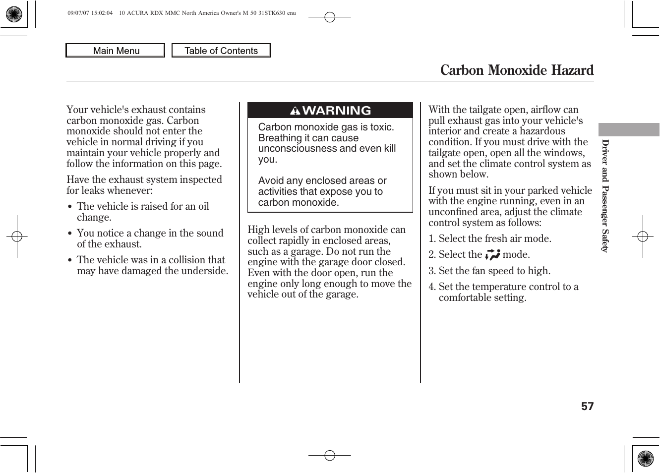 Carbon monoxide hazard, 2010 rdx | Acura 2010 RDX User Manual | Page 61 / 514