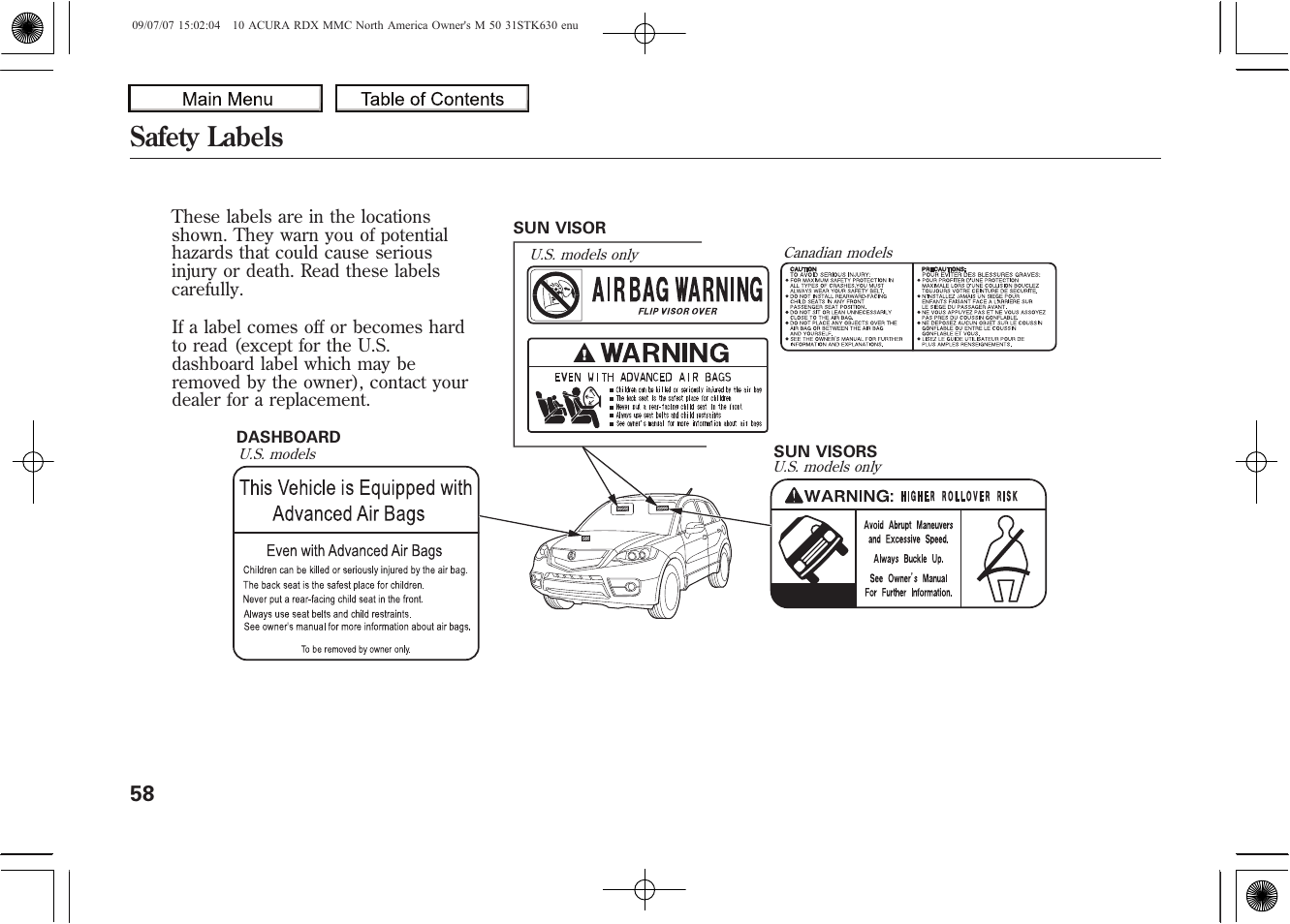 Safety labels, 2010 rdx | Acura 2010 RDX User Manual | Page 62 / 514