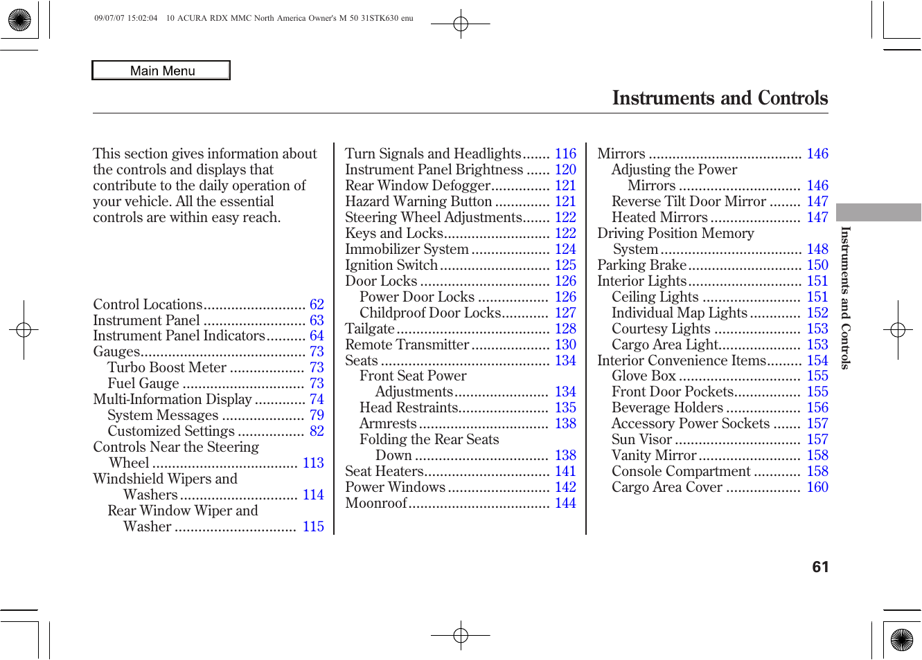 Instruments and controls | Acura 2010 RDX User Manual | Page 65 / 514