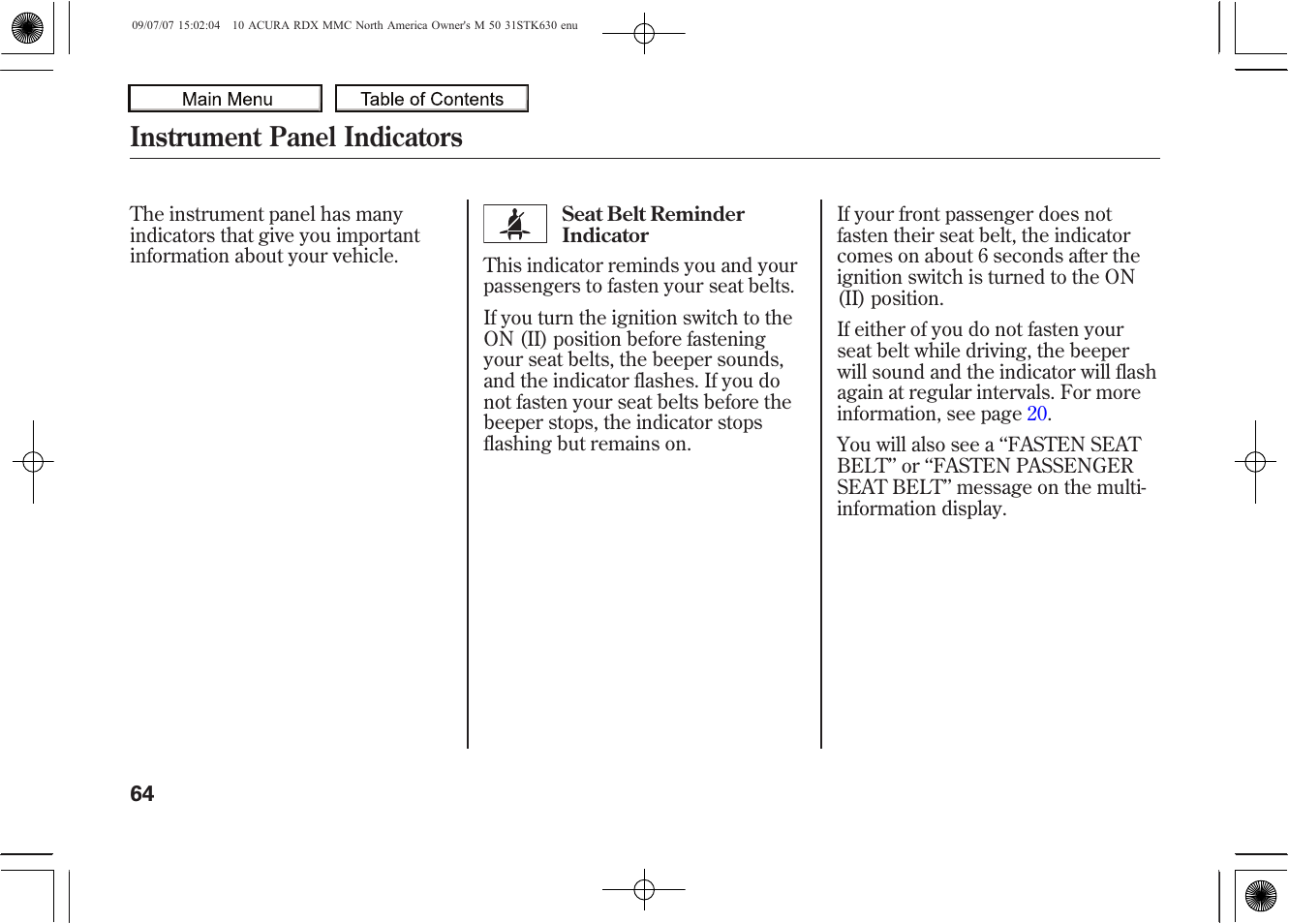 Instrument panel indicators, 2010 rdx | Acura 2010 RDX User Manual | Page 68 / 514