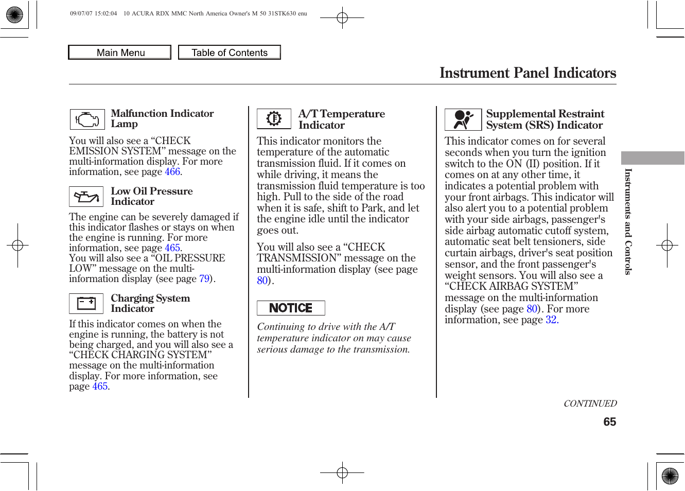 Instrument panel indicators, 2010 rdx | Acura 2010 RDX User Manual | Page 69 / 514