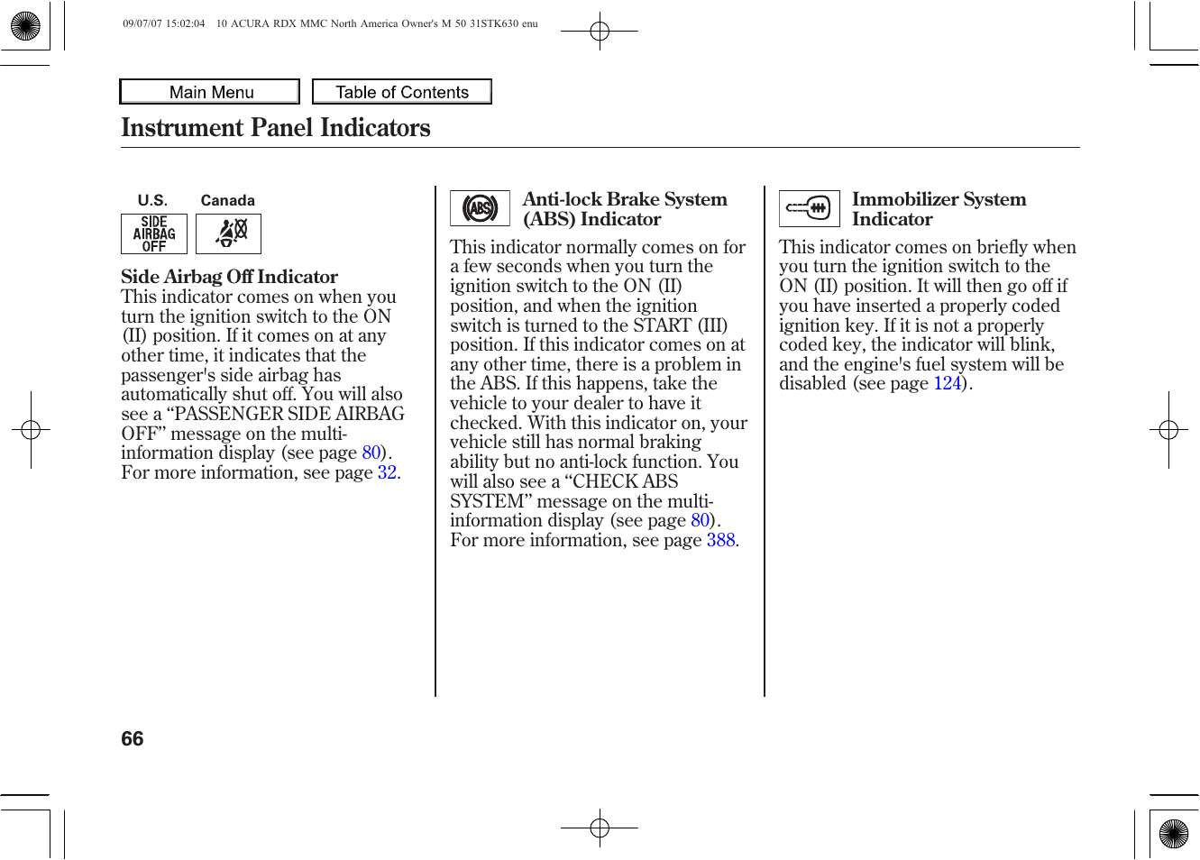 Instrument panel indicators, 2010 rdx | Acura 2010 RDX User Manual | Page 70 / 514