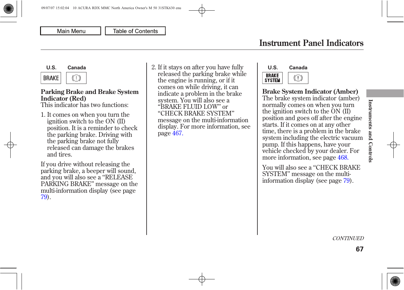 Instrument panel indicators, 2010 rdx | Acura 2010 RDX User Manual | Page 71 / 514