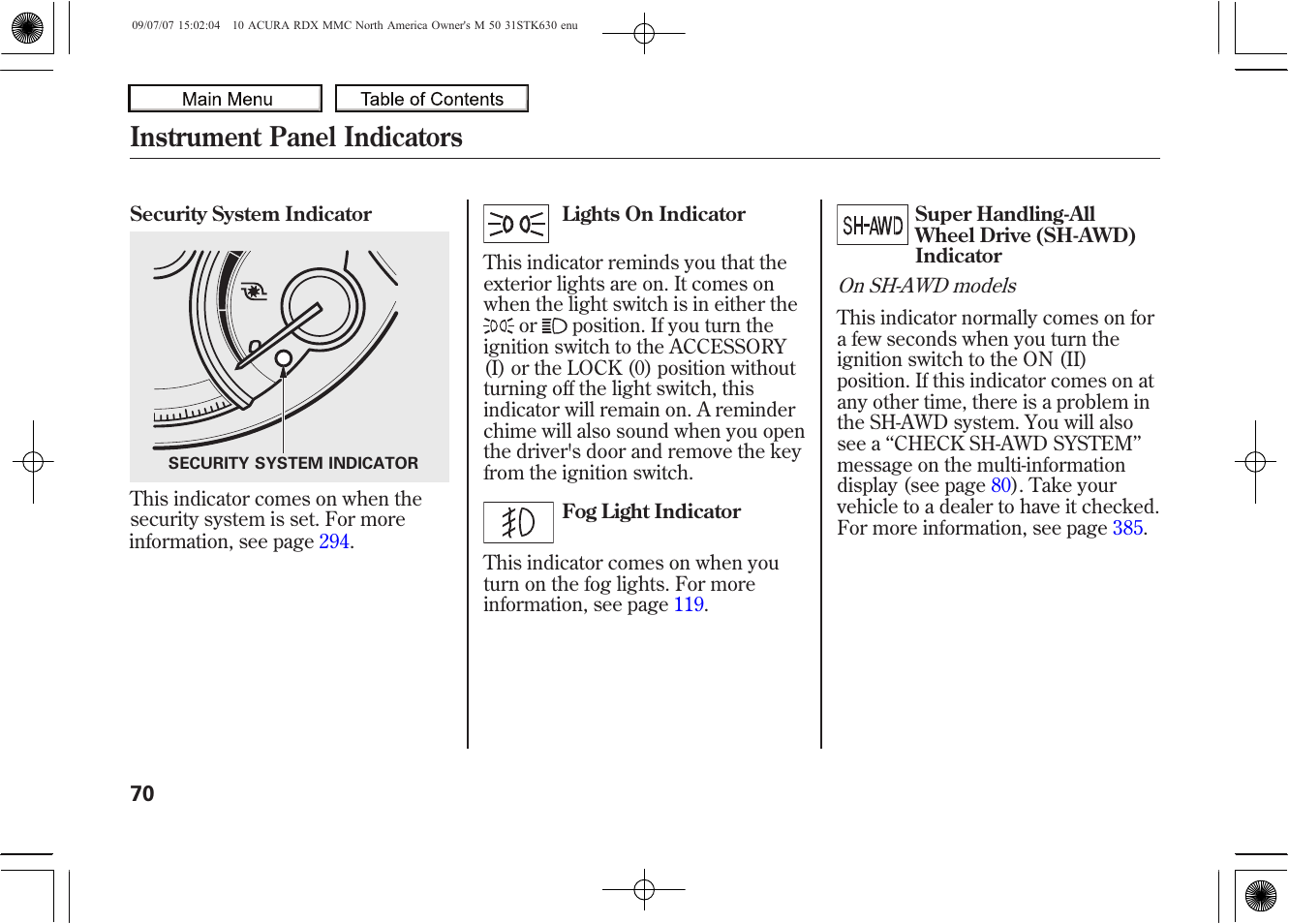 Instrument panel indicators, 2010 rdx | Acura 2010 RDX User Manual | Page 74 / 514