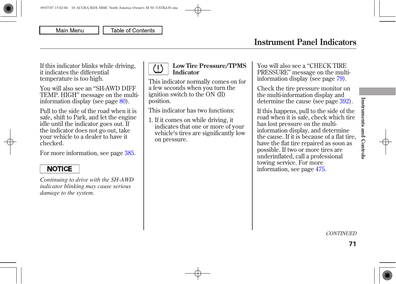 Instrument panel indicators, 2010 rdx | Acura 2010 RDX User Manual | Page 75 / 514