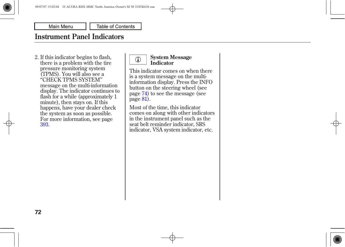 Instrument panel indicators, 2010 rdx | Acura 2010 RDX User Manual | Page 76 / 514