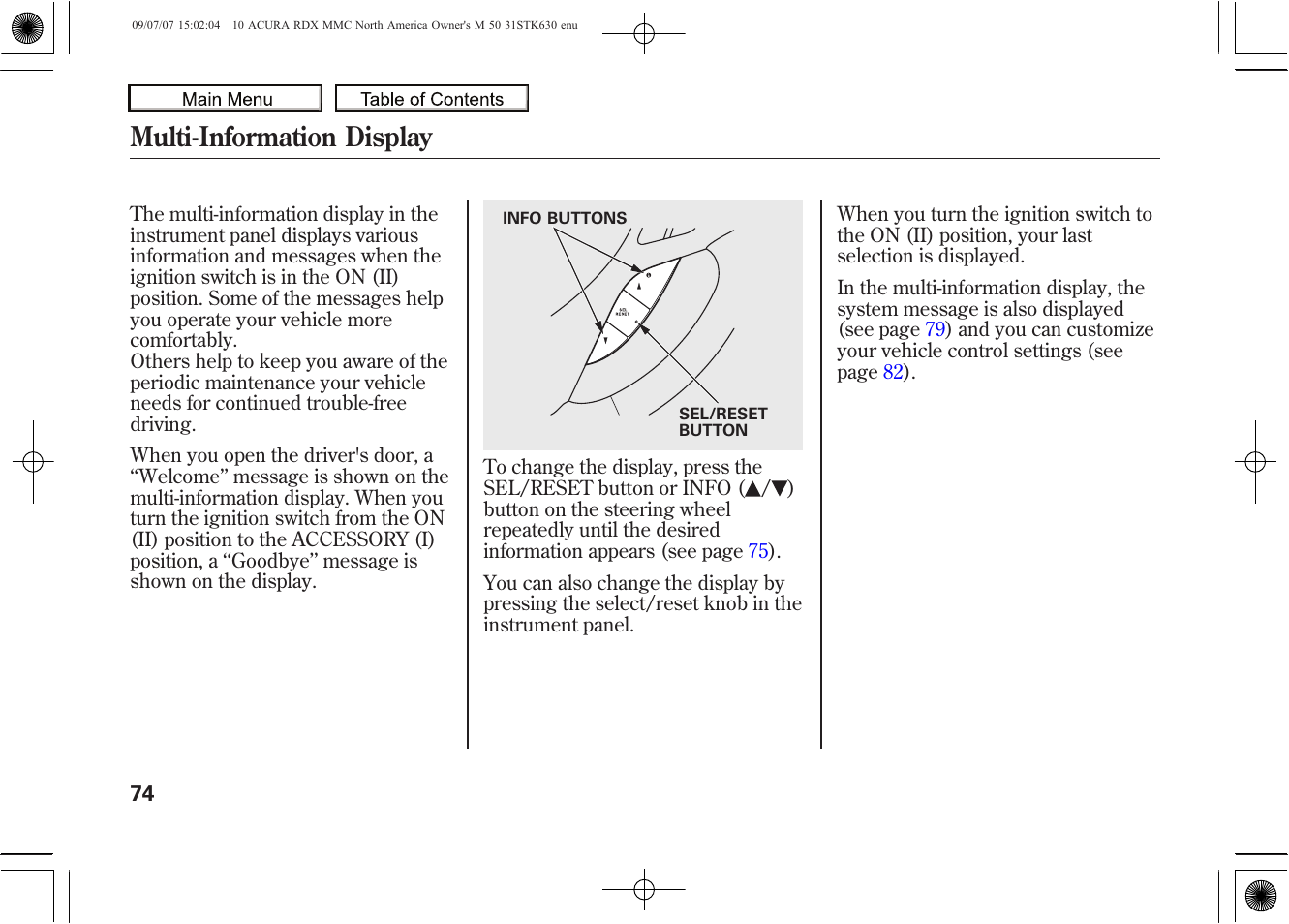 Multi-information display, 2010 rdx | Acura 2010 RDX User Manual | Page 78 / 514