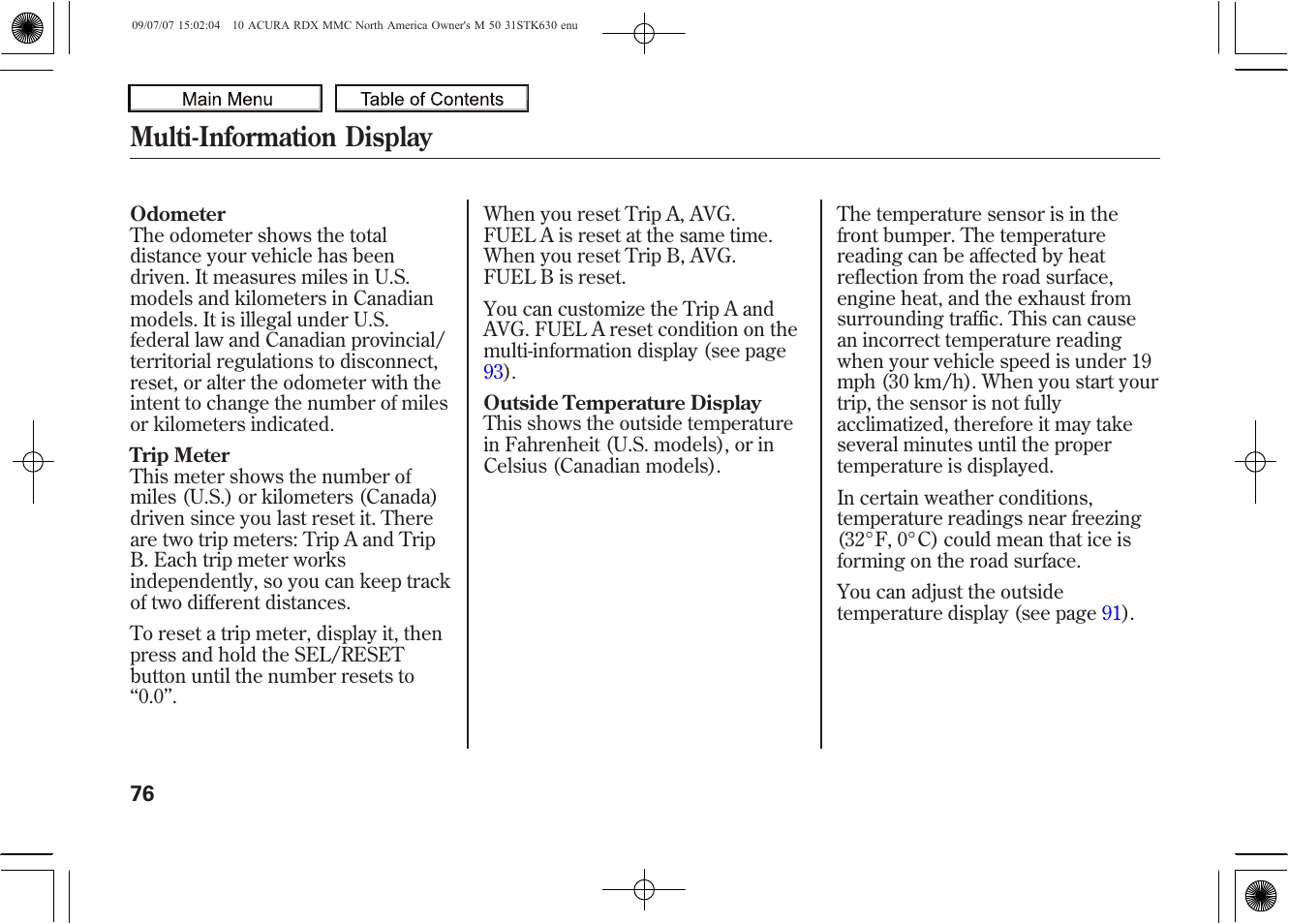 Multi-information display, 2010 rdx | Acura 2010 RDX User Manual | Page 80 / 514