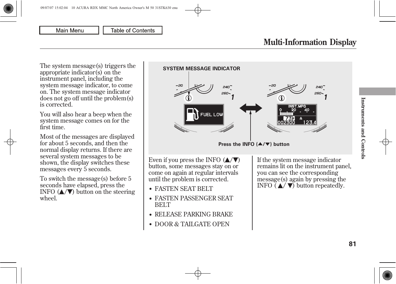 Multi-information display, 2010 rdx | Acura 2010 RDX User Manual | Page 85 / 514