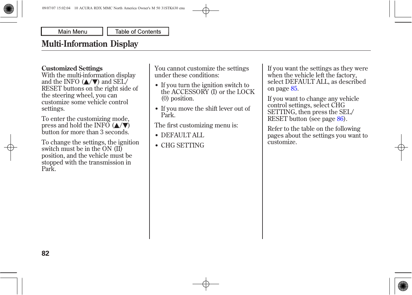 Multi-information display, 2010 rdx | Acura 2010 RDX User Manual | Page 86 / 514