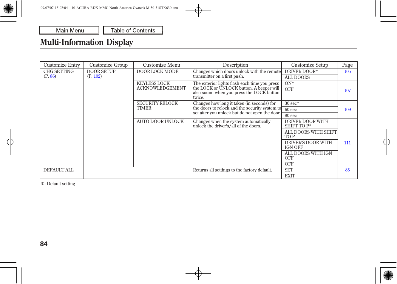 Multi-information display, 2010 rdx | Acura 2010 RDX User Manual | Page 88 / 514