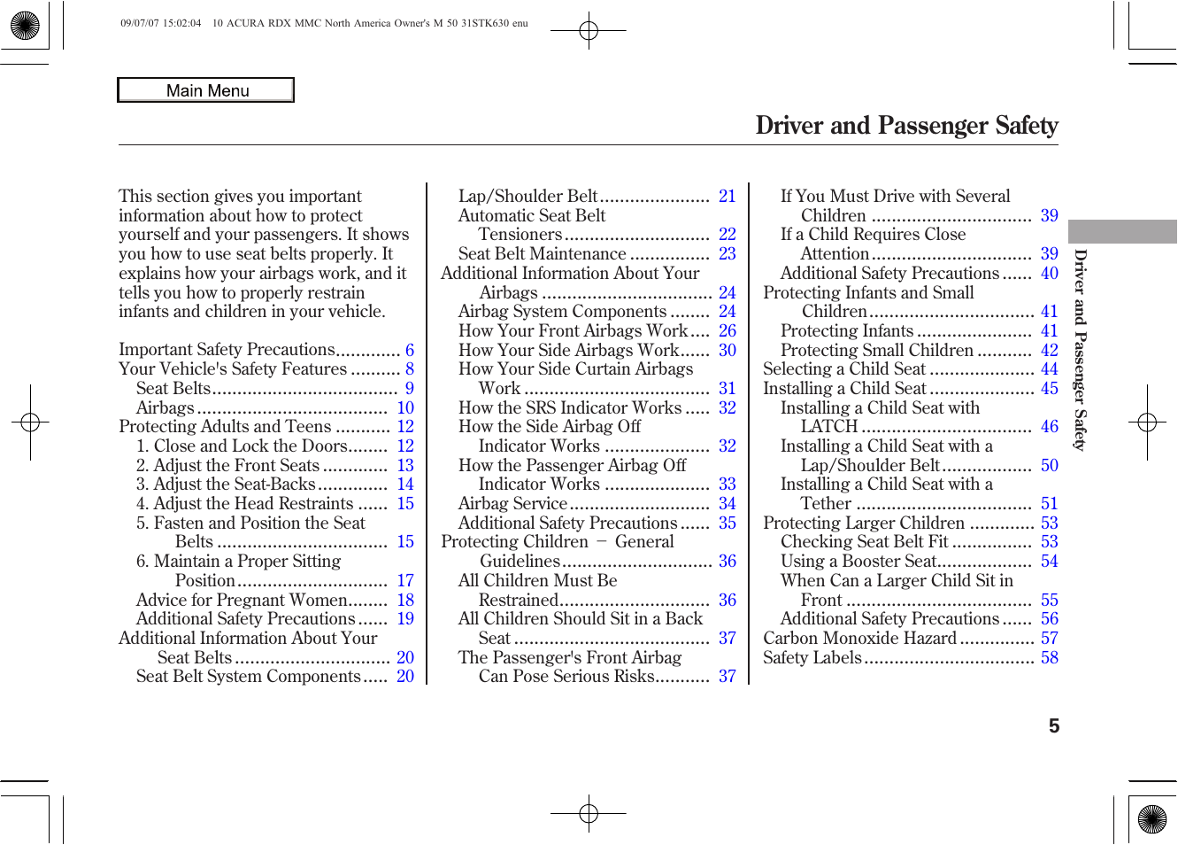 Driver and passenger safety, 2010 rdx | Acura 2010 RDX User Manual | Page 9 / 514