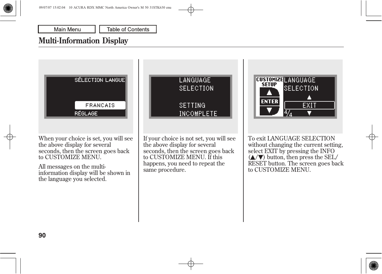 Multi-information display | Acura 2010 RDX User Manual | Page 94 / 514