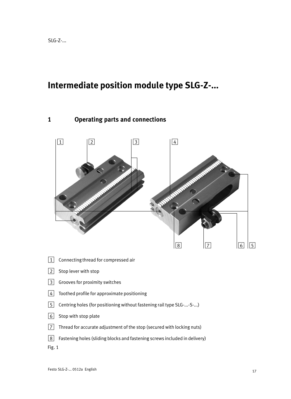 1 operating parts and connections | Festo Промежуточная позиция для линейного модуля DGC User Manual | Page 17 / 88