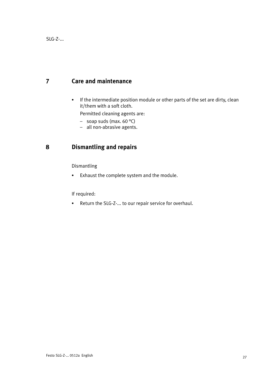 7 care and maintenance, 8 dismantling and repairs, 7care and maintenance | 8dismantling and repairs | Festo Промежуточная позиция для линейного модуля DGC User Manual | Page 27 / 88