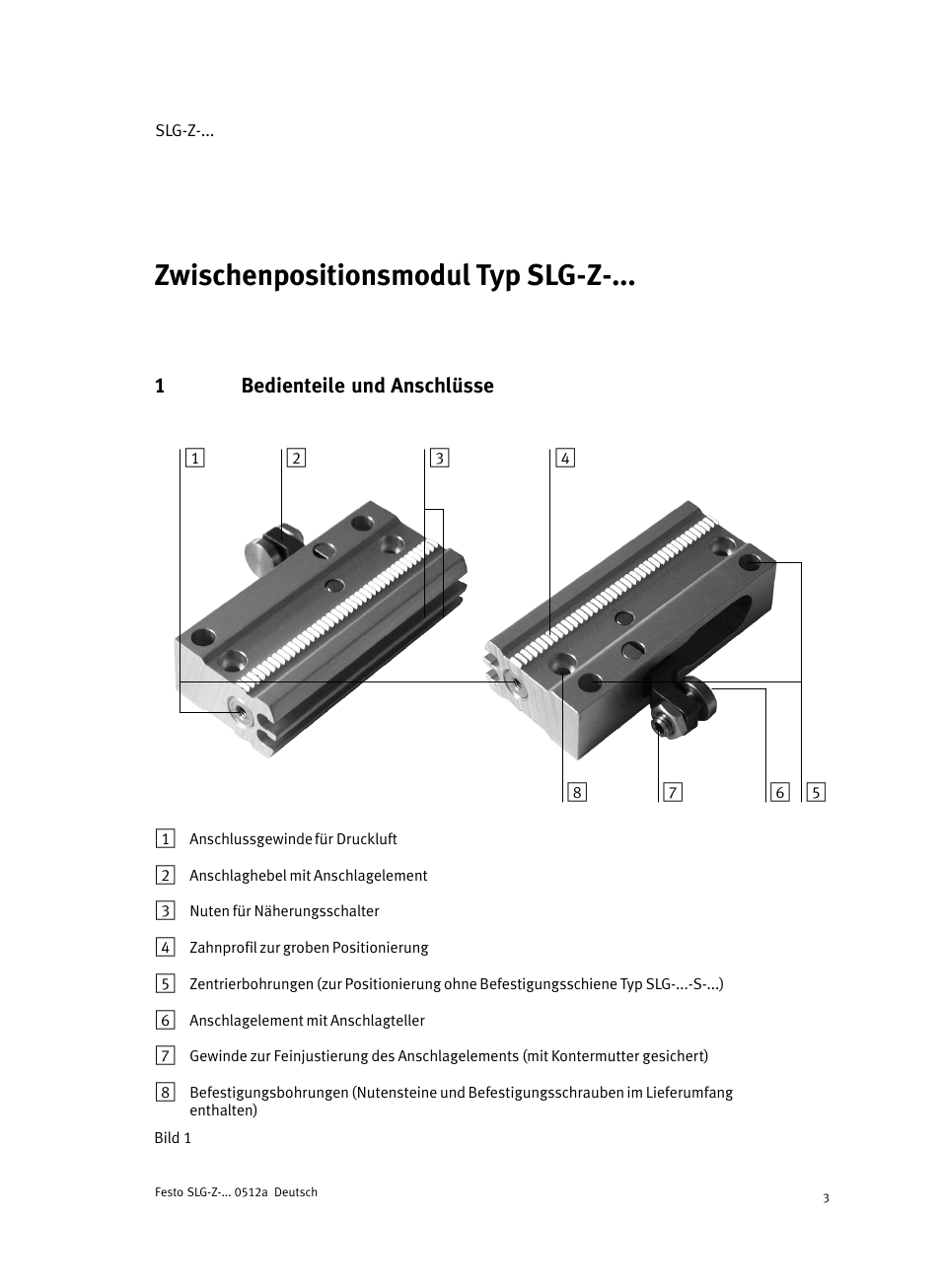 Deutschzwischenpositionsmodul typ slg-z-...deutsch, 1 bedienteile und anschlüsse, Zwischenpositionsmodul typ slg−z−... eutsch | Festo Промежуточная позиция для линейного модуля DGC User Manual | Page 3 / 88