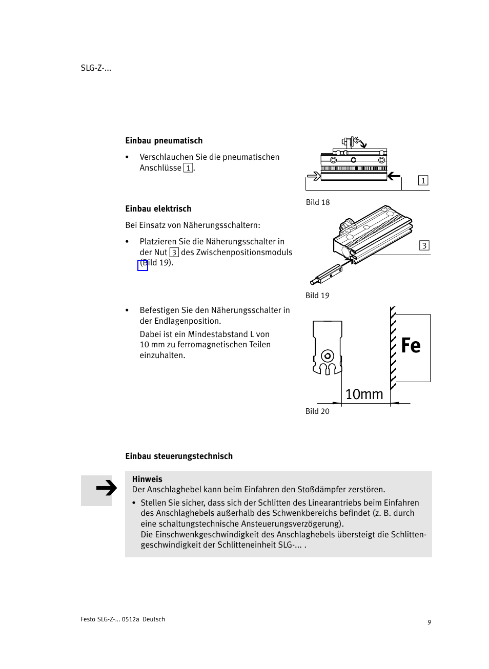 Bild 18 einbau pneumatisch, Bild 19 einbau elektrisch, Einbau steuerungstechnisch | 10mm | Festo Промежуточная позиция для линейного модуля DGC User Manual | Page 9 / 88