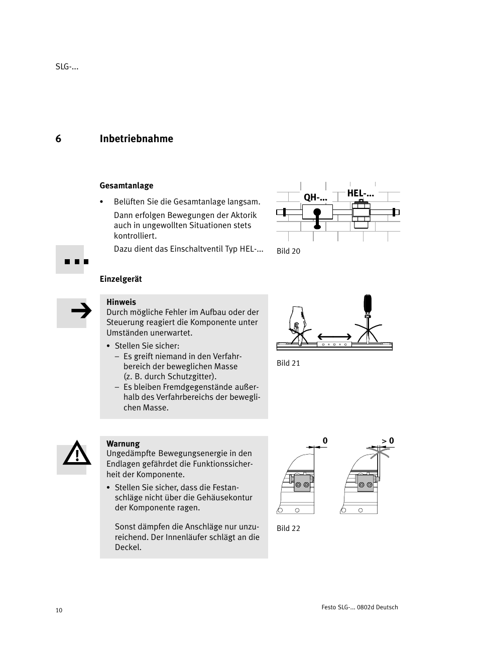 6 inbetriebnahme, Gesamtanlage bild 20, Einzelgerät | 6inbetriebnahme | Festo Пневматические линейные приводы SLG User Manual | Page 10 / 100