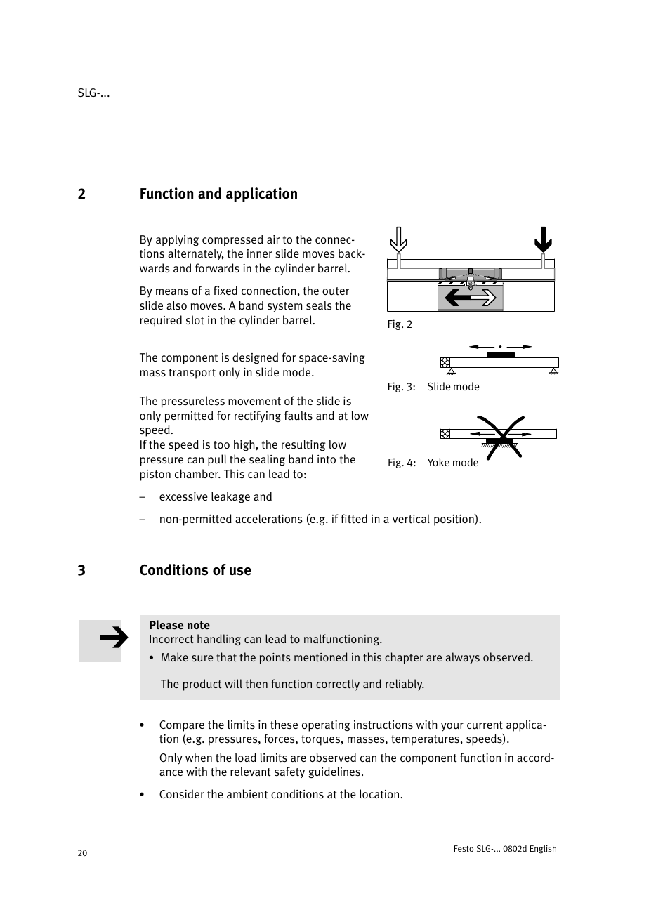 2 function and application, 3 conditions of use, 2function and application | 3conditions of use | Festo Пневматические линейные приводы SLG User Manual | Page 20 / 100