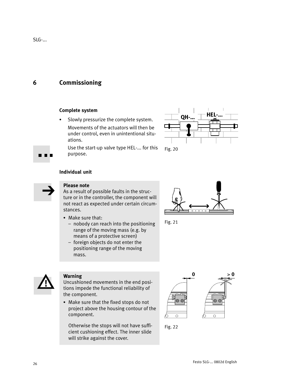 6 commissioning, Complete system fig. 20, Individual unit | 6commissioning | Festo Пневматические линейные приводы SLG User Manual | Page 26 / 100