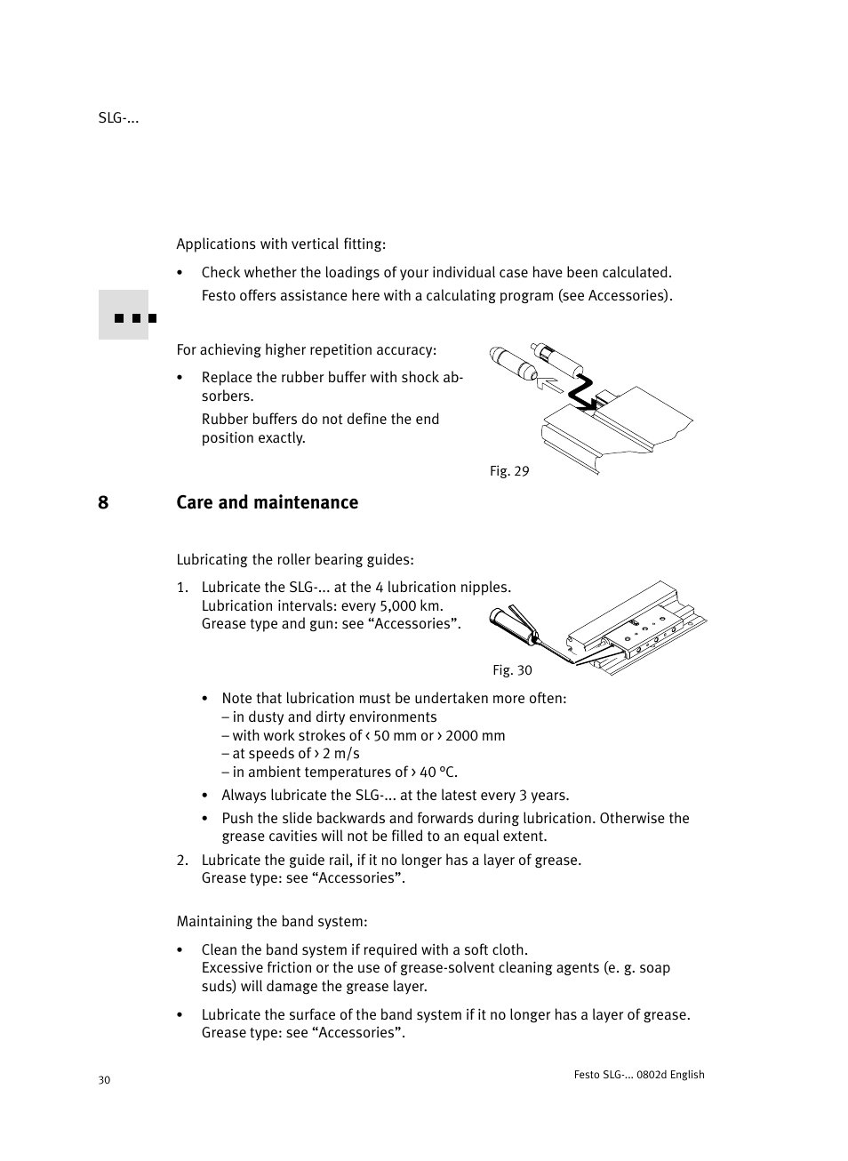 8 care and maintenance, 8care and maintenance | Festo Пневматические линейные приводы SLG User Manual | Page 30 / 100