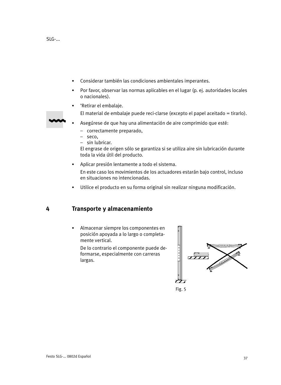 4 transporte y almacenamiento, 4transporte y almacenamiento | Festo Пневматические линейные приводы SLG User Manual | Page 37 / 100