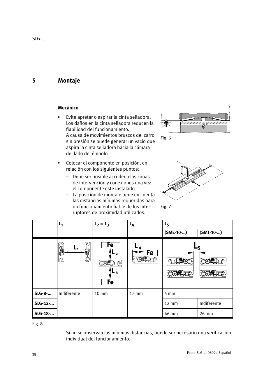 5 montaje, Fig. 6 mecánico, 5montaje | Festo Пневматические линейные приводы SLG User Manual | Page 38 / 100